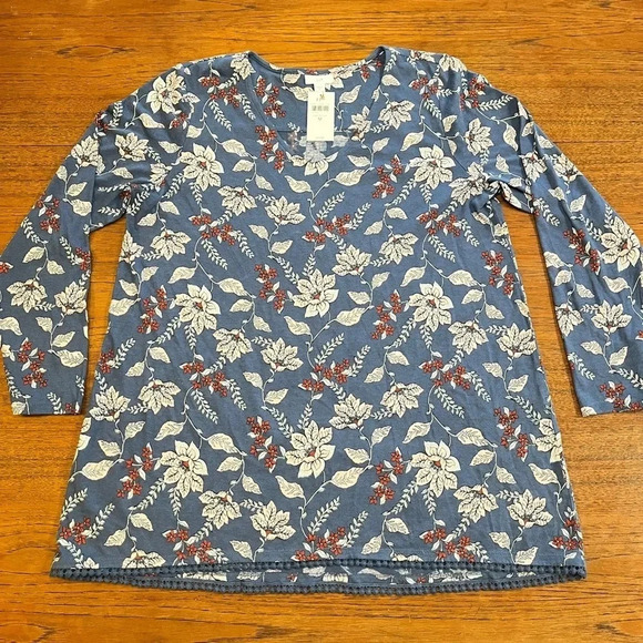 J. Jill Sz M Modal Denim Blue Floral Long Sleeve Tunic Blouse Trim Casual Vneck - Picture 9 of 10